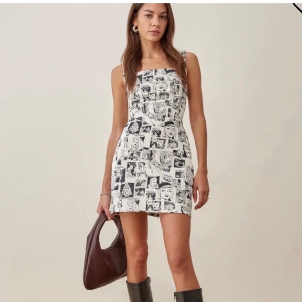 Rare Reformation Denim Comic-Print Square Neck Mini Dress